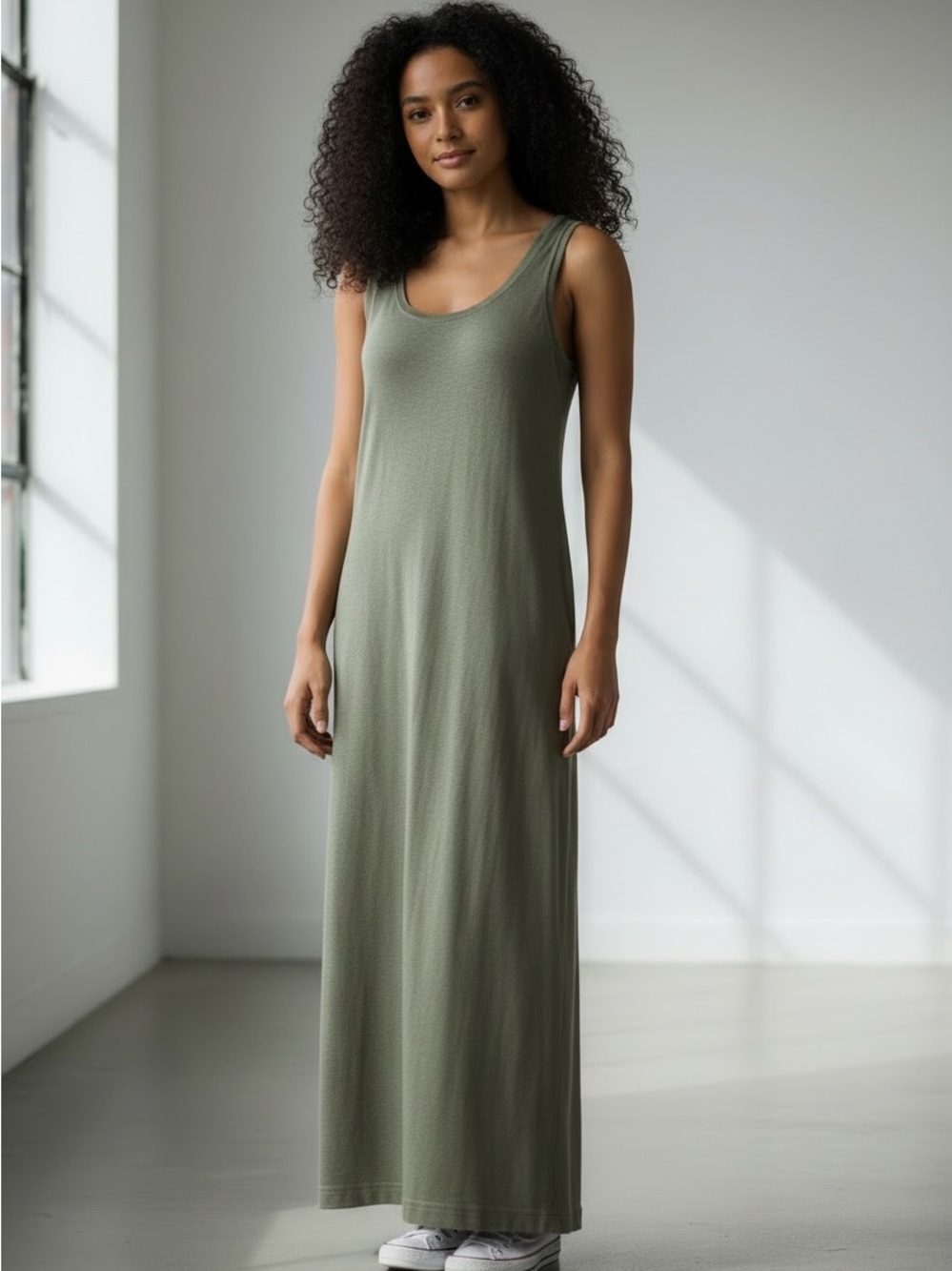 United Colors of Benneton Olive Knit Sweater Maxi Tank Dress 100 Cotton Large - Picture 1 of 8
